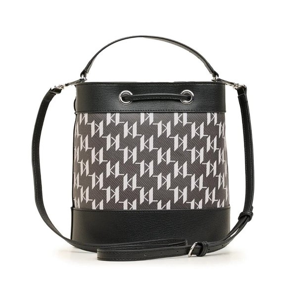 Karl Lagerfeld Paris Adele Logo Monogram Bucket Bag Black Gray Crossbody NWT - Picture 2 of 12